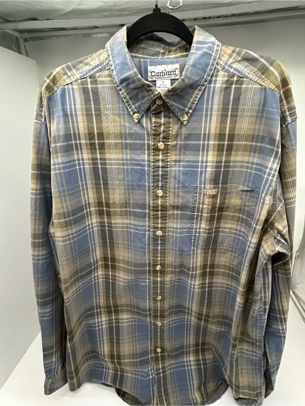 Carhartt Men's Blue and Brown Plaid Button-Down Shirt size Large Tall